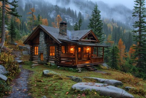 夜幕下的林中小屋 攝影圖