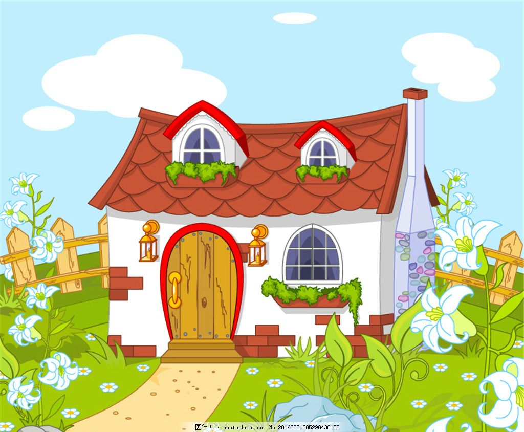 原野中的童話小屋矢量素材,建筑 房屋 風景 野百合花-
