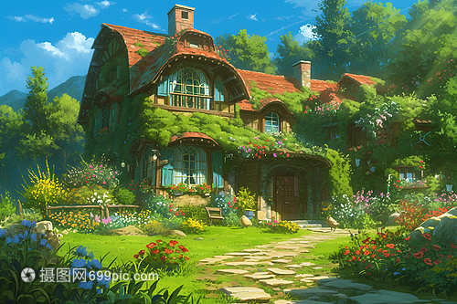 寧靜花園中的小屋